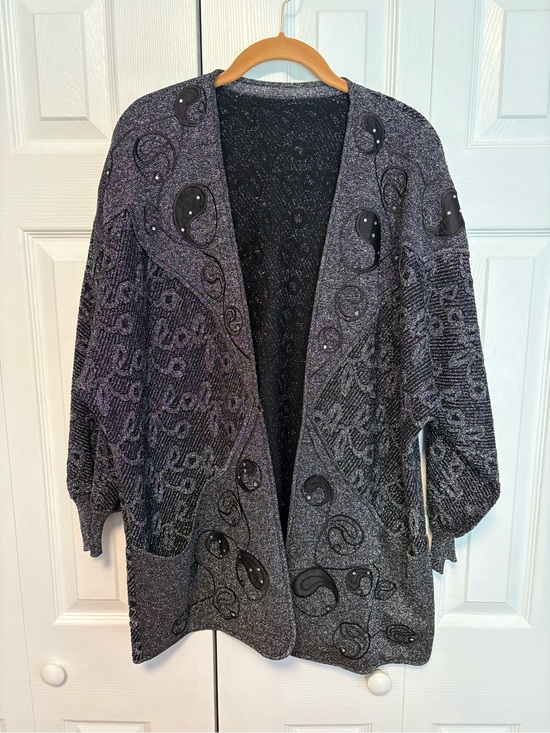 Sweaters - Cozy Black, Gray, and Silver Open-Front Women's Sweater Cardigan with Embroidery
